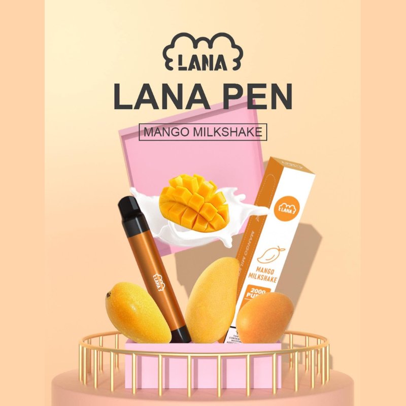 Lana-Pen-2000-Puffs-Mango-Milkshake-flavo-ron-a-podium-with-Luxury-gold-yellow-gradient-color-in-the-background-LANA