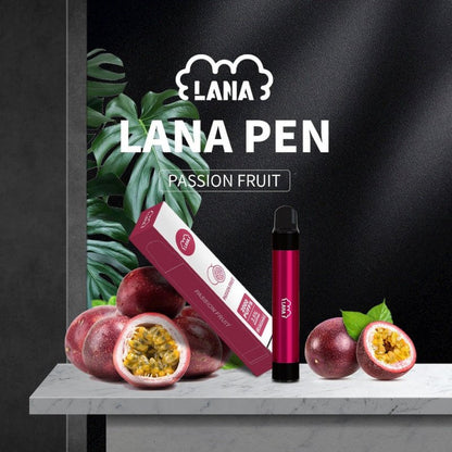 Lana-Pen-2000-Puffs-Passion-fruit-flavor-with-passion-fruits-on-the-table-and-leafs-behind-it-in-the-black-color-background-LANA