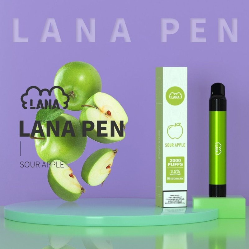 Lana-Pen-2000-Puffs-Sour-Apple-flavor-on-a-purple-gradient-background-LANA