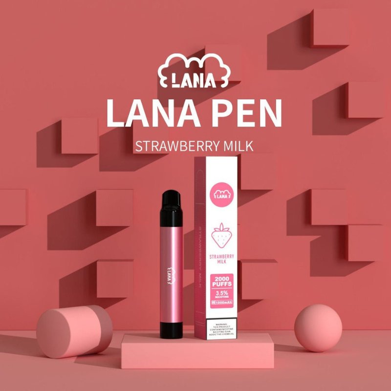 Lana -Pen-2000-Puffs-Strawberry-Milk-flavor-with-3D-geometrical-forms-around-it-in-the-pink-color-background-LANA