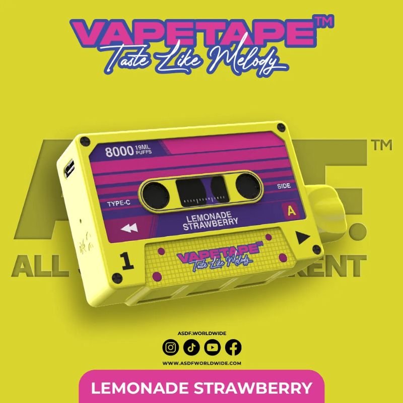 Vapetape 8000 Puffs Lemonade Strawberry flavor on a gradient yellow background