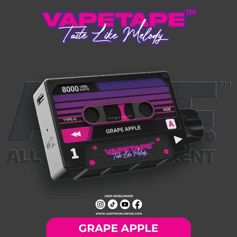 Vapetape 8000 Puffs Grape Apple flavor on a gradient gray background