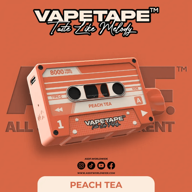 Vapetape 8000 Puffs Peach Tea flavor on a gradient brown background
