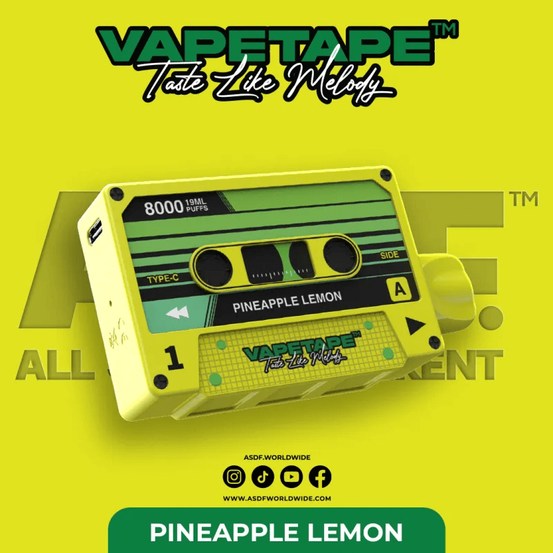 Vapetape 8000 Puffs Pineapple lemon flavor on a gradient yellow background