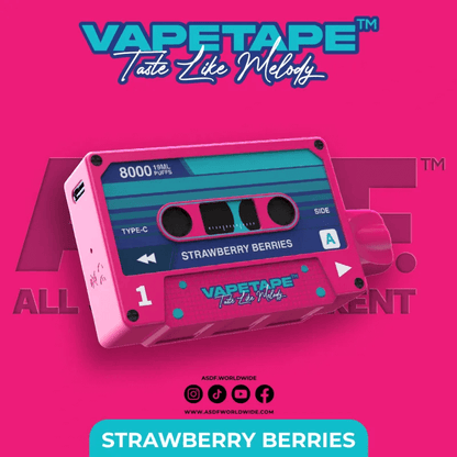 Vapetape 8000 Puffs Strawberry Berries flavor on a gradient pink background
