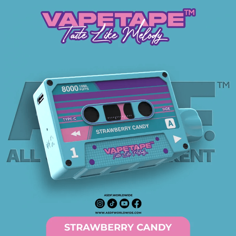 Vapetape 8000 Puffs Strawberry Candy flavor on a gradient blue background